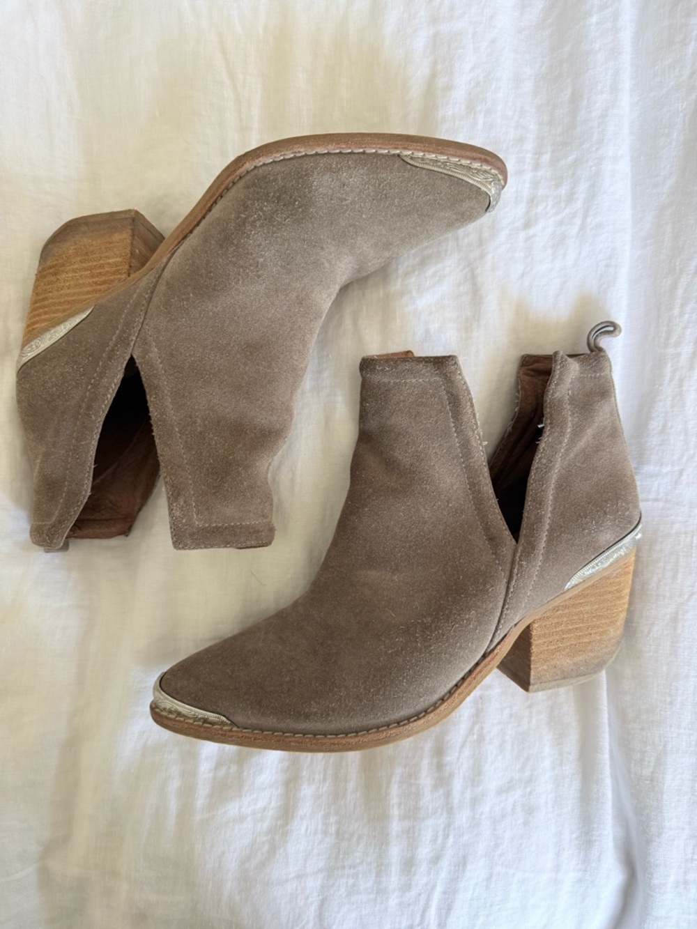 Jeffrey Campbell Taupe Suede Cutout Ankle Boots with Stacked Heel